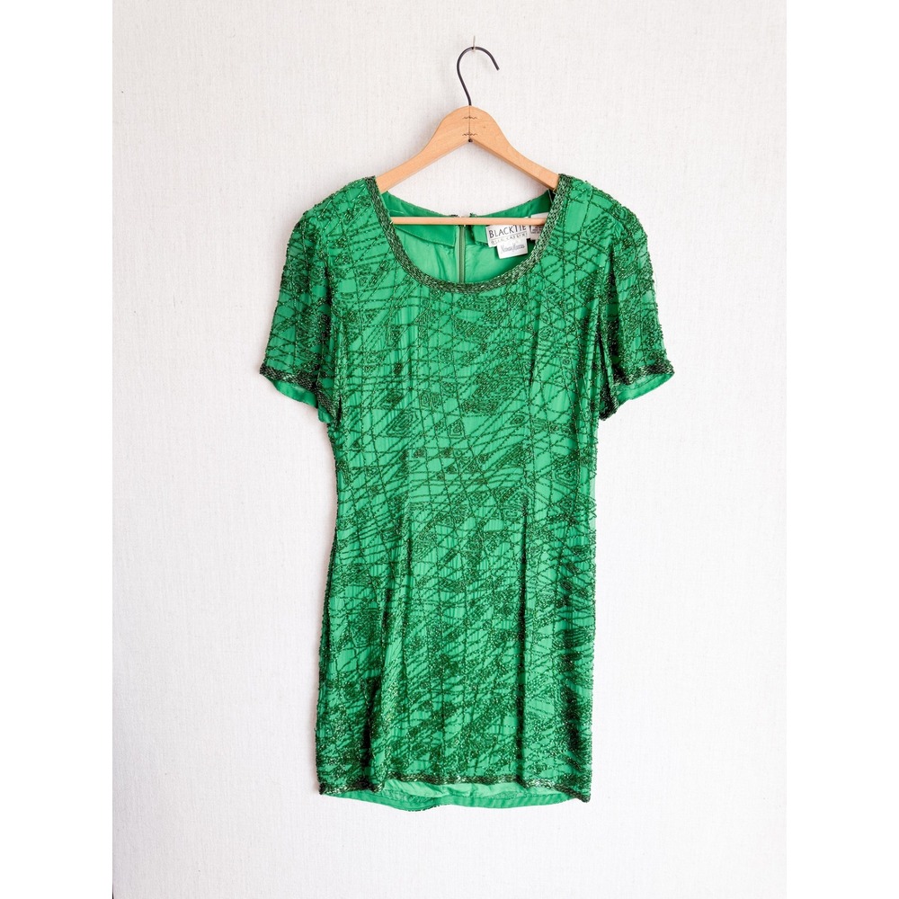 Oleg Cassini Black Tie Neiman Marcus Green Beaded‎ Silk Cocktail Dress Vintage